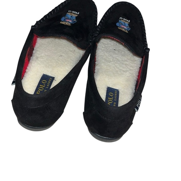 POLO RALPH LAUREN Bear Black Suede Moccasin Slipper Sherpa lined new nwot men 8 - Picture 4 of 7